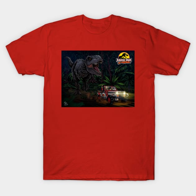 T-rex chase dark night T-Shirt by Ale_jediknigth